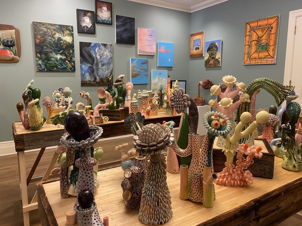 Work at the Spring/Break "Secret Show," with sculptures by Megan Bogonovich in the foreground. Photo by Sarah Cascone